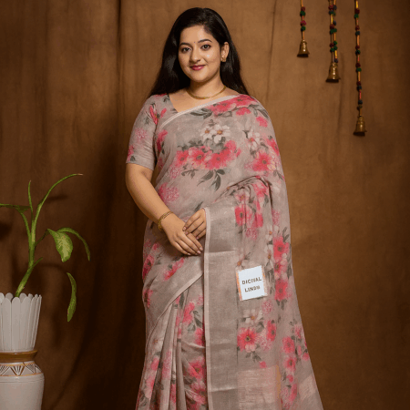 Floral Printed Pink with Silver Saree