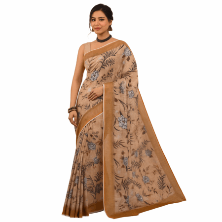 Floral Printed Brown Saree