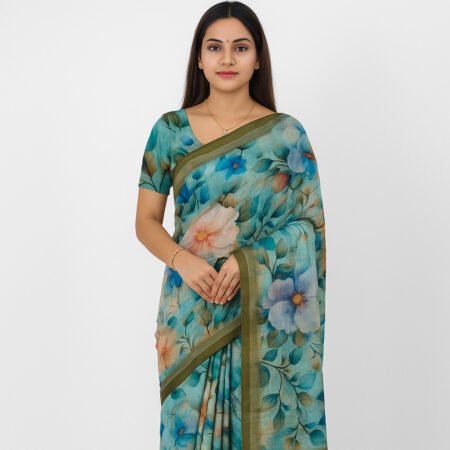 Floral Printed Blue Saree